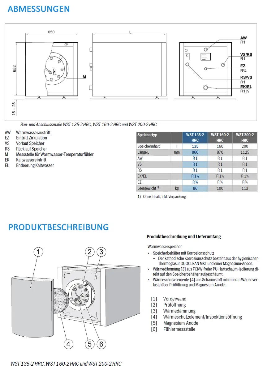 Warmwasserspeicher von Bosch mit mehreren Anschlüssen, bestehend aus emailliertem Stahl. Abmessungen und technische Details sind im Diagramm dargestellt.